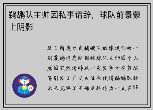 鹈鹕队主帅因私事请辞，球队前景蒙上阴影